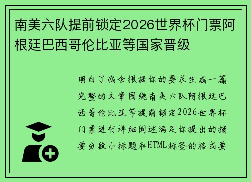南美六队提前锁定2026世界杯门票阿根廷巴西哥伦比亚等国家晋级